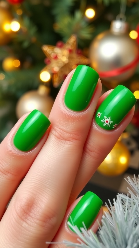 Close-up of kelly green Christmas nails with festive designs and decorations in the background.